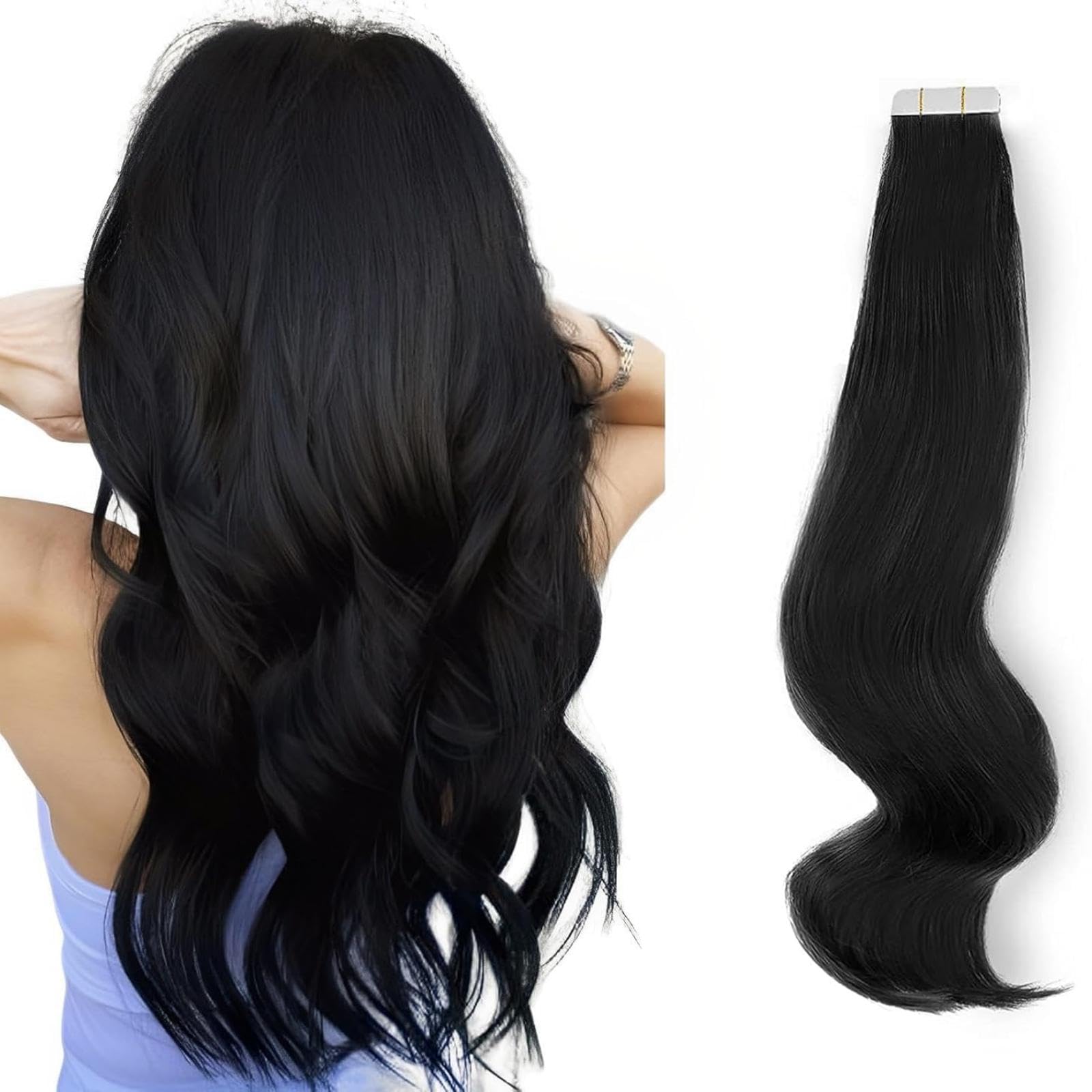 ABH AmazingBeauty Tape in Hair Extensions Semi-Permanent Pre-taped Tape Extensions Real Remy Human Hair Skin Weft, Invisible, Seamless and Reusable, 50g 20pcs, Jet Black Color 1, 18 Inch — image 1