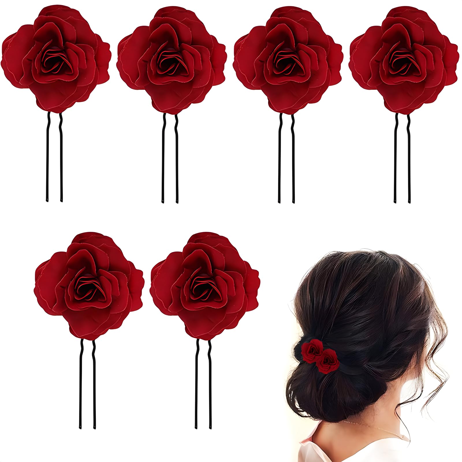 SHSHbuy Rose Flower Hairpin, Pack of 6 Hair Clips, Women, Bridal Hair Accessories, Clip On Rose Flowers, Hair Clips, U-Shape for Women, Girls, Party, Wedding