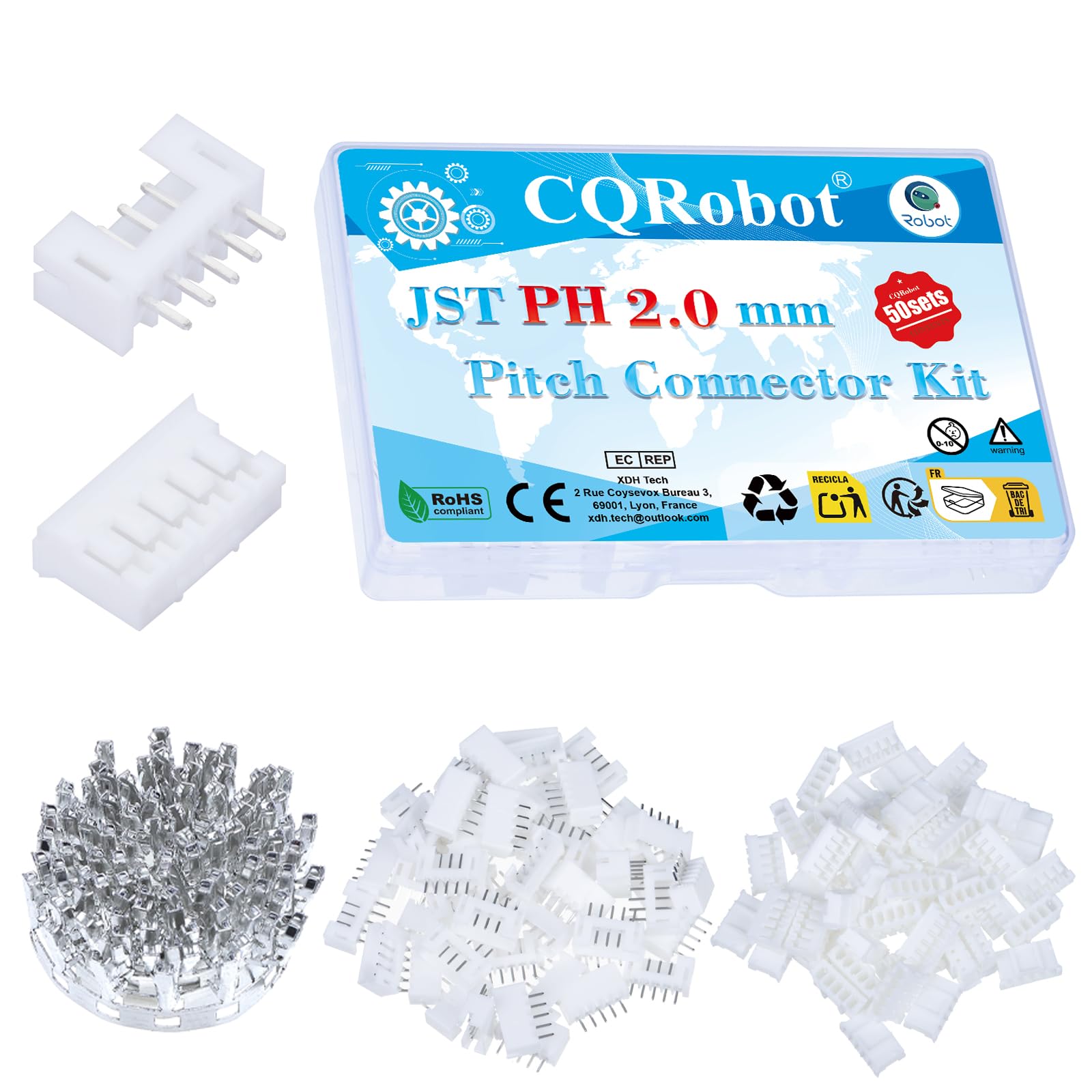 CQRobot JST PH 2.0 mm Pitch 5-Pin Electronic Computer Connector IC Male Plugs, Female Sockets Housing and T-Shaped Crimp Terminal Kit. 50 Sets/350 Pieces Wire-to-Board Adapter Cable Assembly.