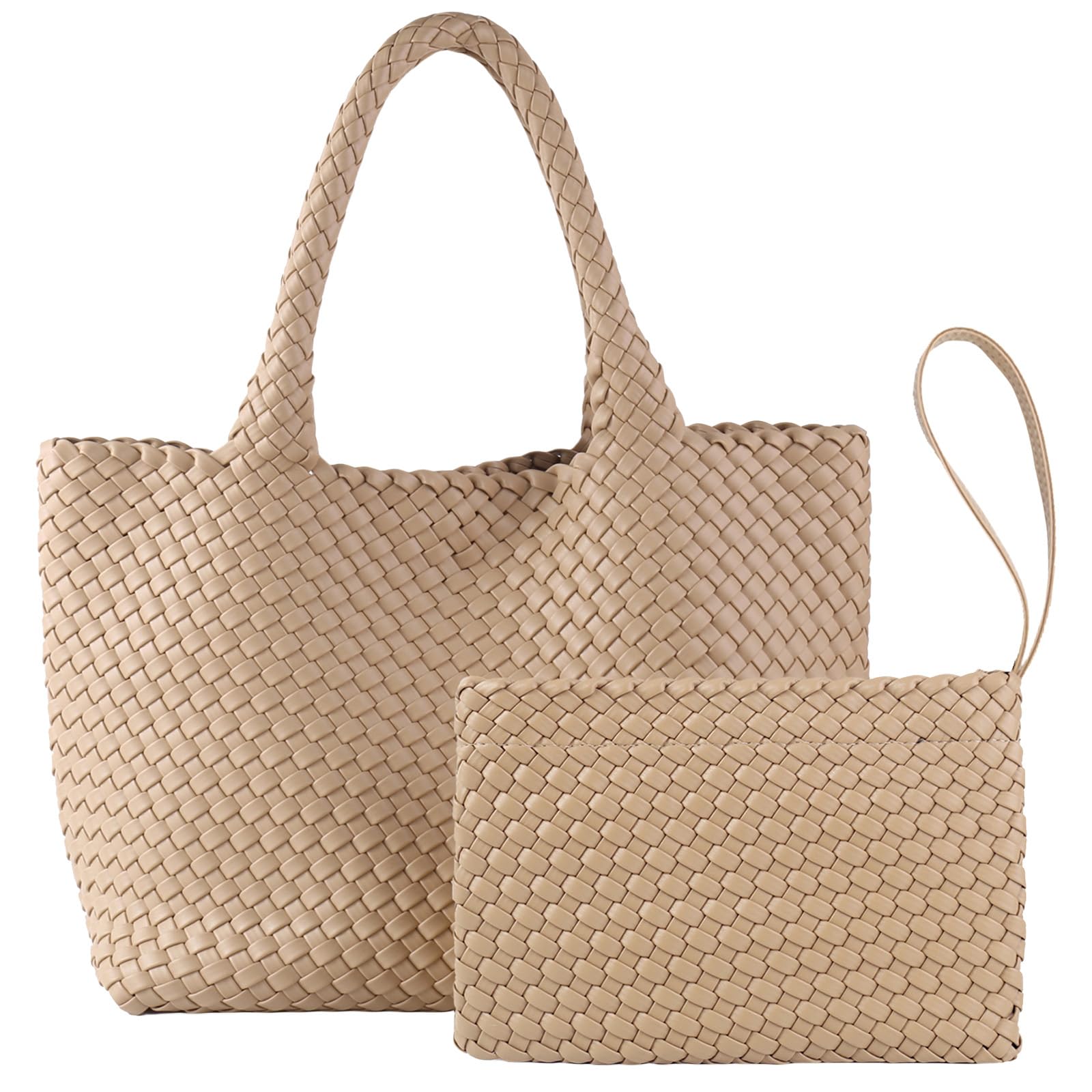 Photo 1 of Woven Tote Bag for Women, Vegan Leather Handwoven Bags with Small Handmade Purse, Large Travel Braided Top Handle Handbags (Apricot)