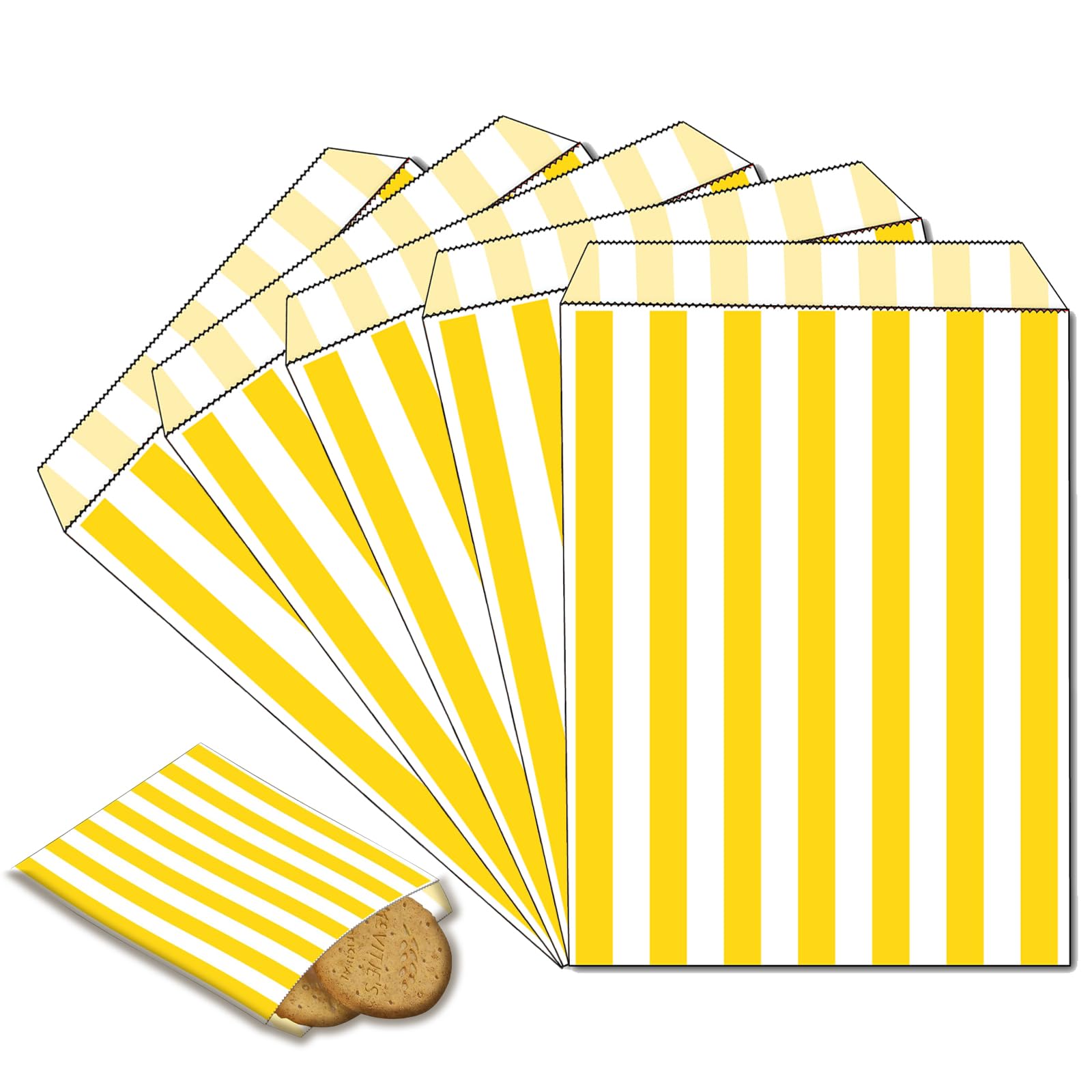100Pcs Mini Sweet Bags Striped Paper Sweet Bags,Small Yellow SweetBags 5x7'' Striped Candy Bags SweetBags Paper Bread Sandwich Bags Buffet Favour for Sweets,Snacks,Birthdays,Christmas Weddings Party