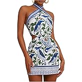 MakeMeChic Women's Boho Mini Dress Summer Beach Vacation Halter Dresses Floral Sundress
