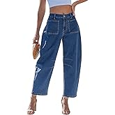 GRAPENT Barrel Jeans for Women Trendy Cropped High Waisted Patch Pocket Baggy Stretch Denim Pants Casual Wide Leg Jeans