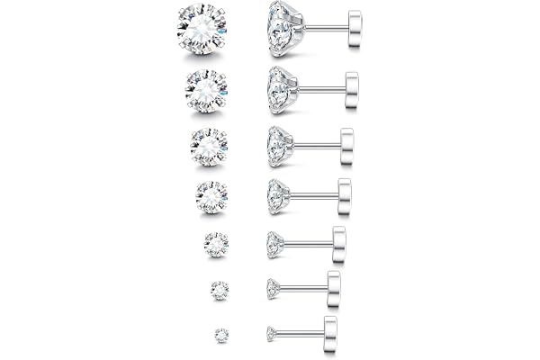 Fansilver 20G Hypoallergenic Flat Back Earrings for Women Men Silver 14K Gold Stainless Steel Stud Earrings Brithstone Cubic