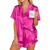 Ekouaer Womens Satin Pajamas Set Button Down 2 Piece Silk Pjs Shorts Set Ruffle Lingerie Notch Collar Sleepwear