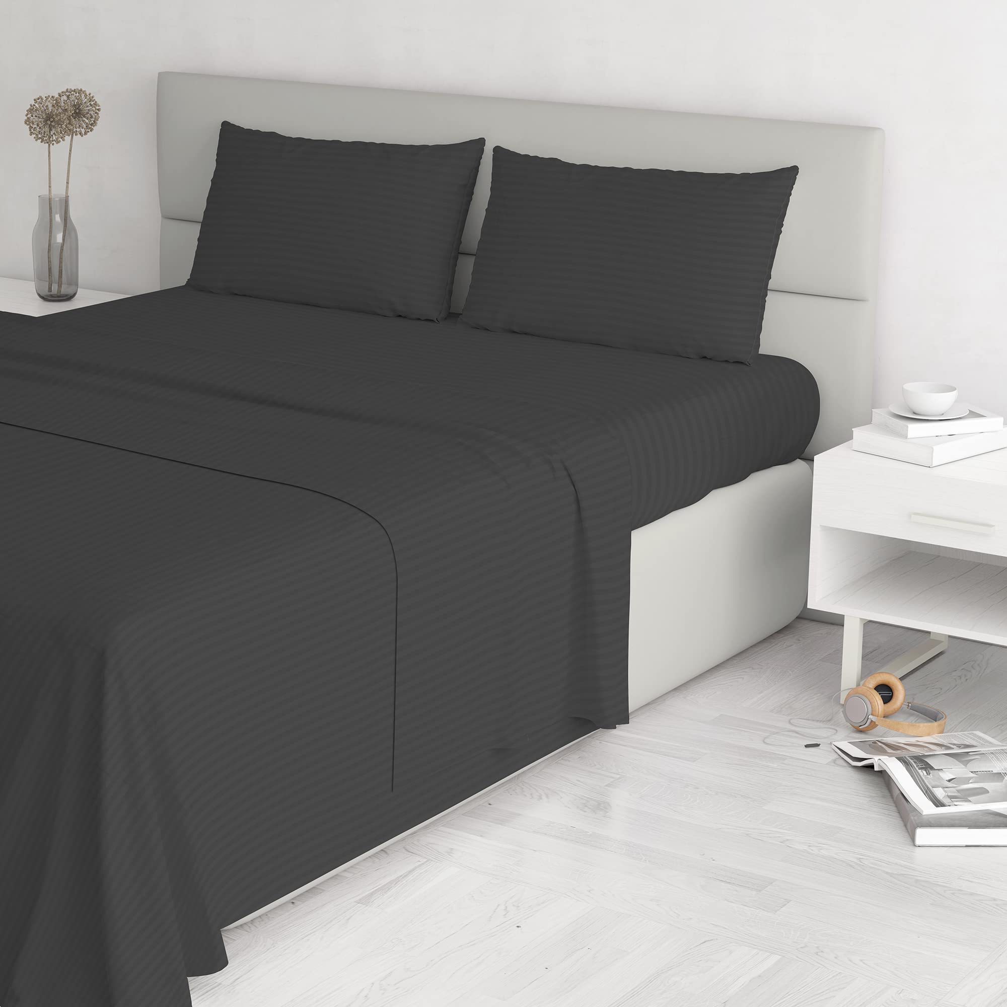 Italian Bed Linen Satin Stripes Bed Linen Set, Double, Black