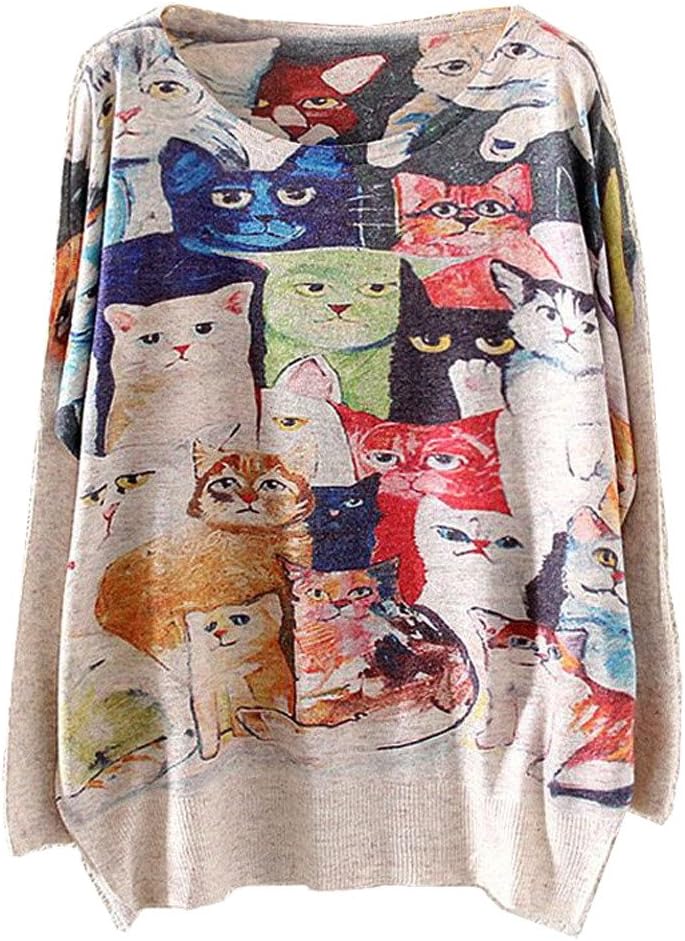 KaiTingu Vintage Women's Long Batwing Sleeve Pullover Sweater Cat Family Print