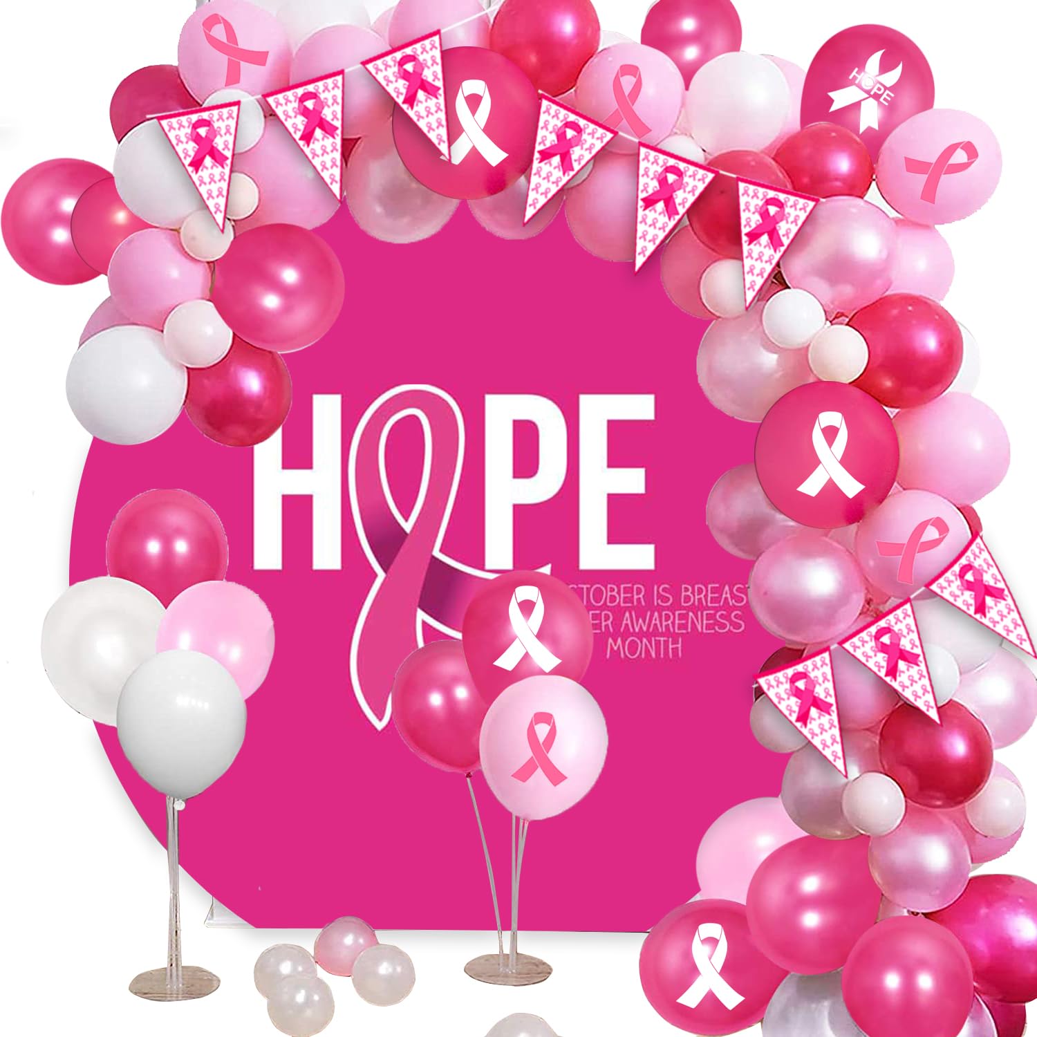 Photo 1 of 128 Pieces Breast Cancer Awareness Decorations Balloons Arch Kit Includes Latex Balloons with Pink Ribbons Balloons for Pink Ribbon Party Decoration Supplies