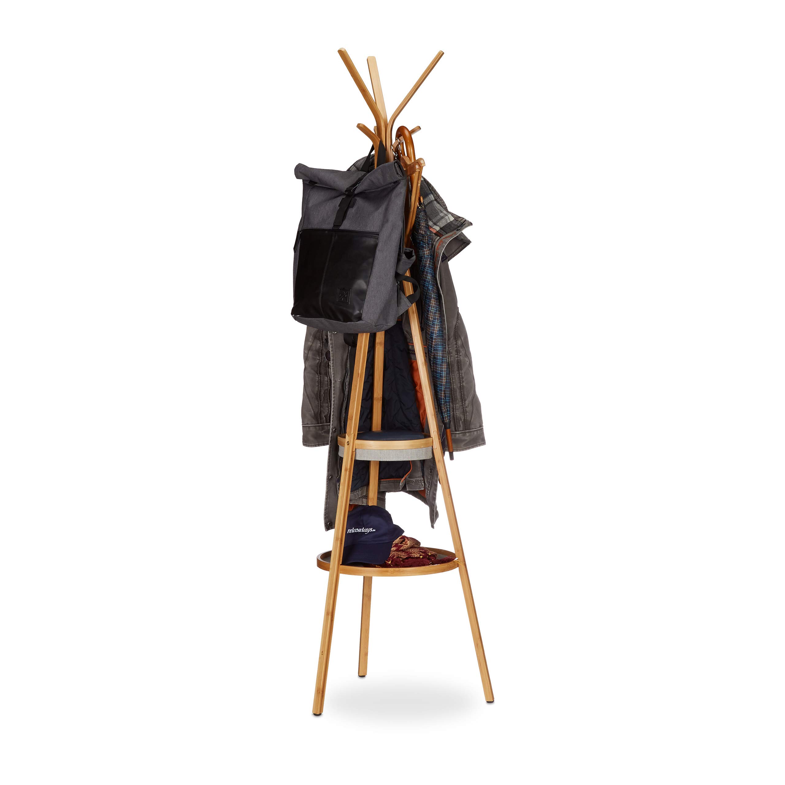 Relaxdays Coat Rack with Tray, Bamboo Clothes Stand with 6 Hooks, Valet H x W x D: 171 x 50 x 50 cm, Natural