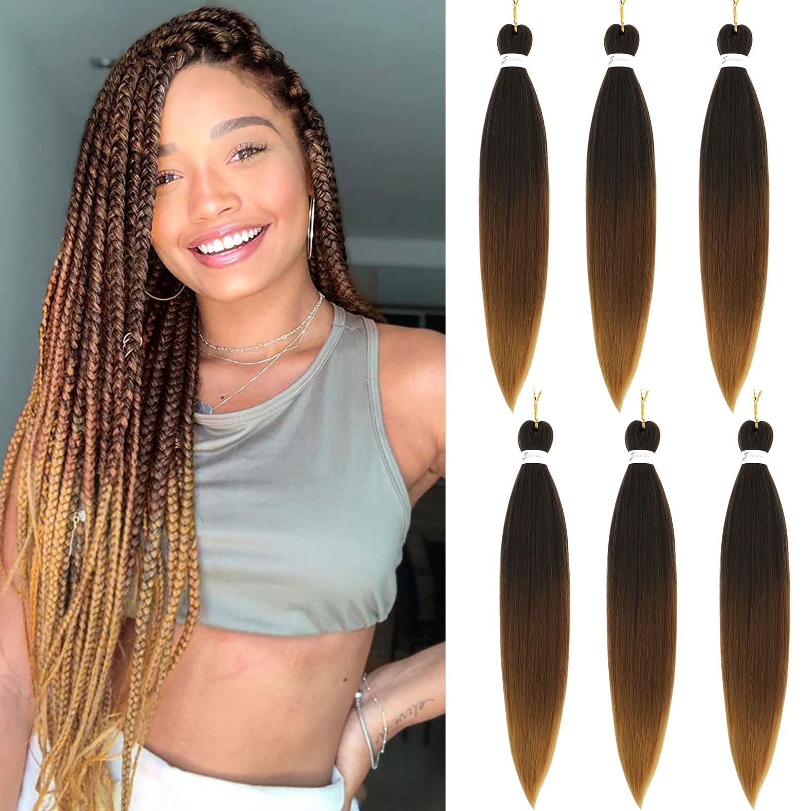 Easy Braid Pre stretched Braiding Hair Extensions - 26 Inch 6Packs Ombre Braiding Hair Soft Yaki Texture Crochet Synthetic Hair for Woman Hot Water Setting Crochet Braiding Hair Extensions (1B/30/27#) — image 1