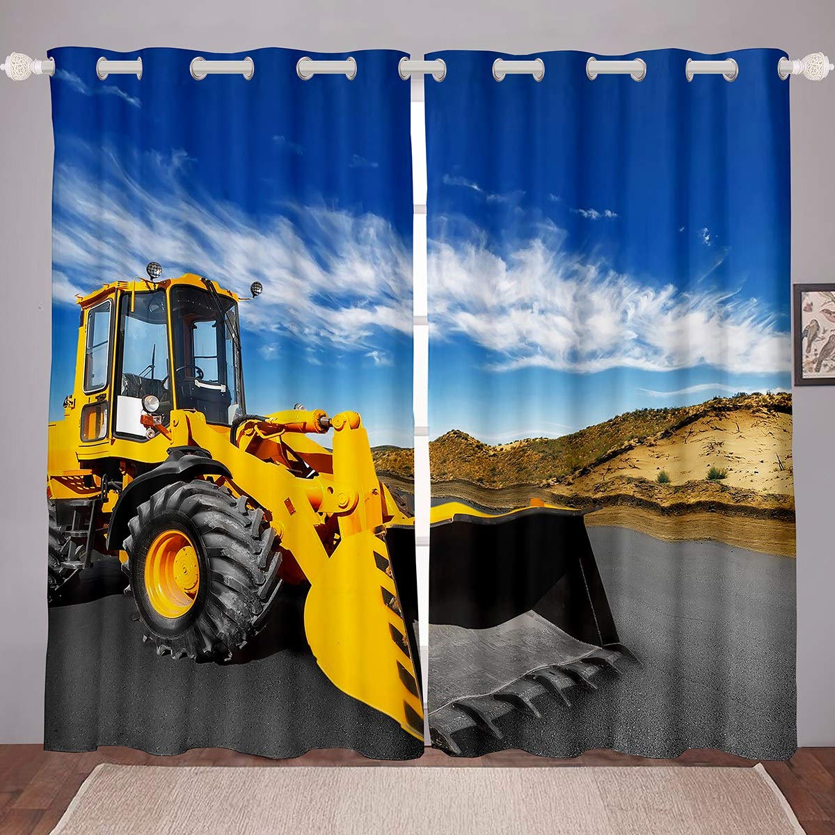 Excavator Print Curtain Kids Boys Teens Heavy Machine Vehicles Window Curtains for Bedroom Industrial Style Curtains Luxury Darkening Thermal Drapes 2 Panel Set W46*L54