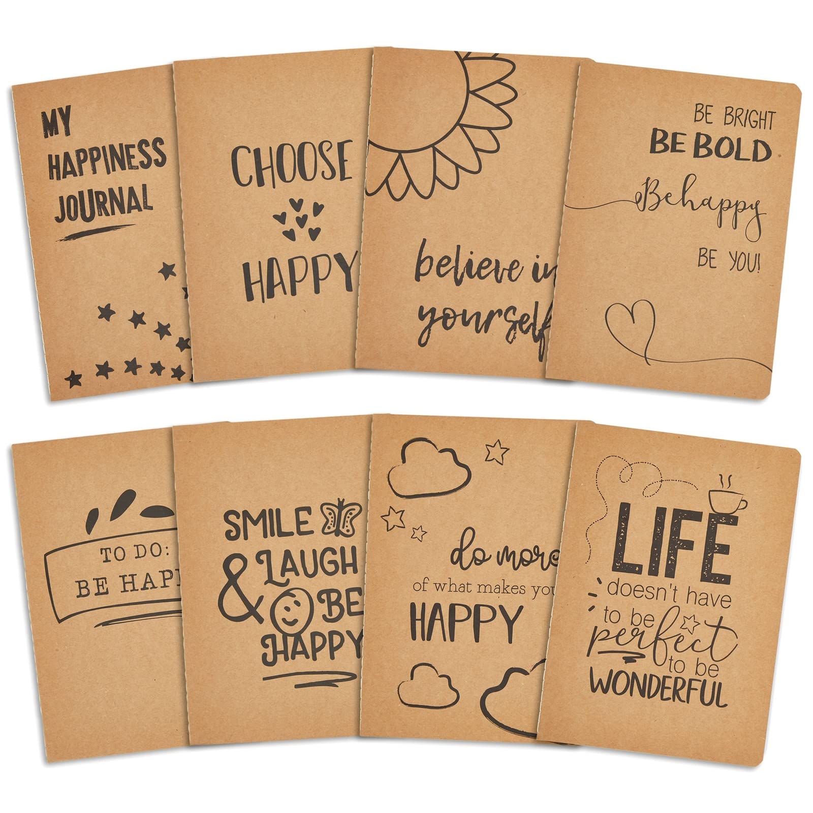 8 Pack Kraft Notebook A5, Happiness Themed College Ruled Journals, 80 Pages for Students School Office (Brown, 14.8 x 21 cm)