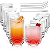 INSETLAN Water Drinking Glasses Set of 8-4 Highball Glasses 14 oz, 4 Rocks Glass Cups 12 oz, Arch Design Cocktail Glasses, Vintage Glassware, With Glass Straw, for Beverages Ice Coffee Juice Water