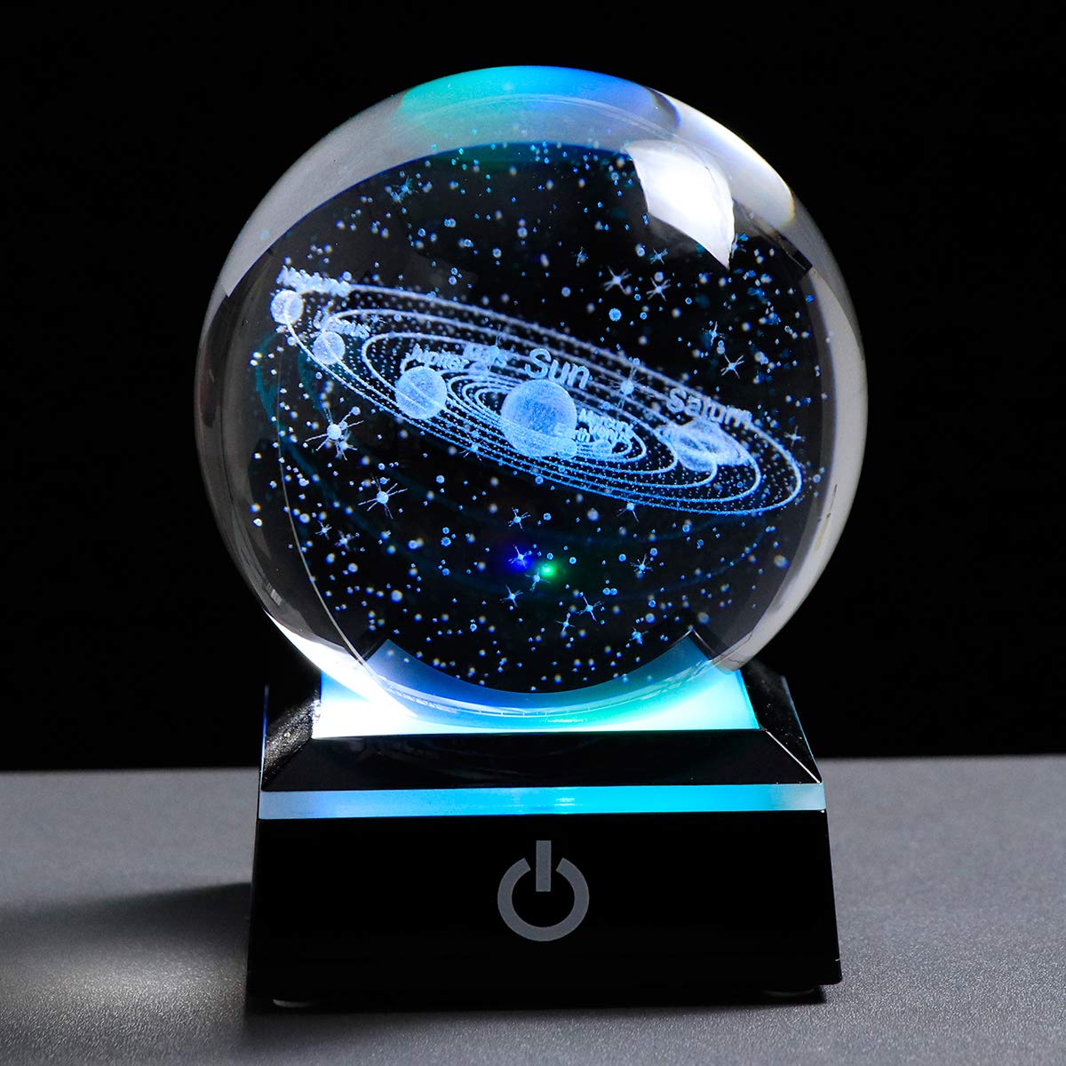 3.15" (80 mm) Solar System Crystal Ball 3D Sun System Planets Model Globe with LED Base Home Decorative Ornament Astronomy Gifts (Black base)