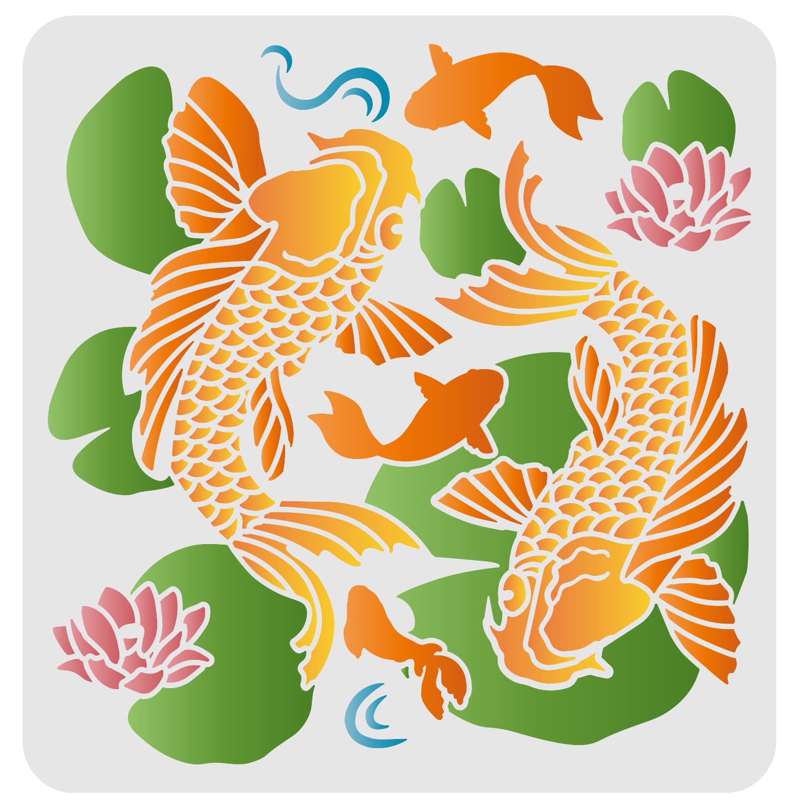 FINGERINSPIRE Koi in Lotus Pond Stencils 30x30cm Fancy Carps Drawing Painting Stencils Koi Leaping Lotus Leaf Pattern Wall Stencils Washable DIY Art Craft for Painting on Wood, Floor, Wall