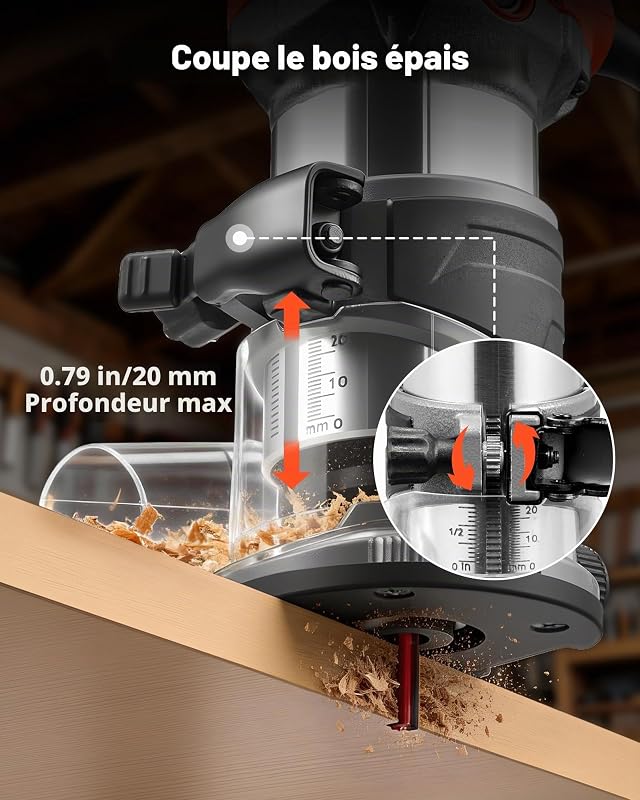 Affleureuse 710 W Défonceuse Compacte 6 Vitesses Variables pour Travail du Bois, Finition, Bricolage, avec Démarrage Progressif, Base Fixe, Capot d'Aspiration Poussière, Guide Parallèle, Filaire