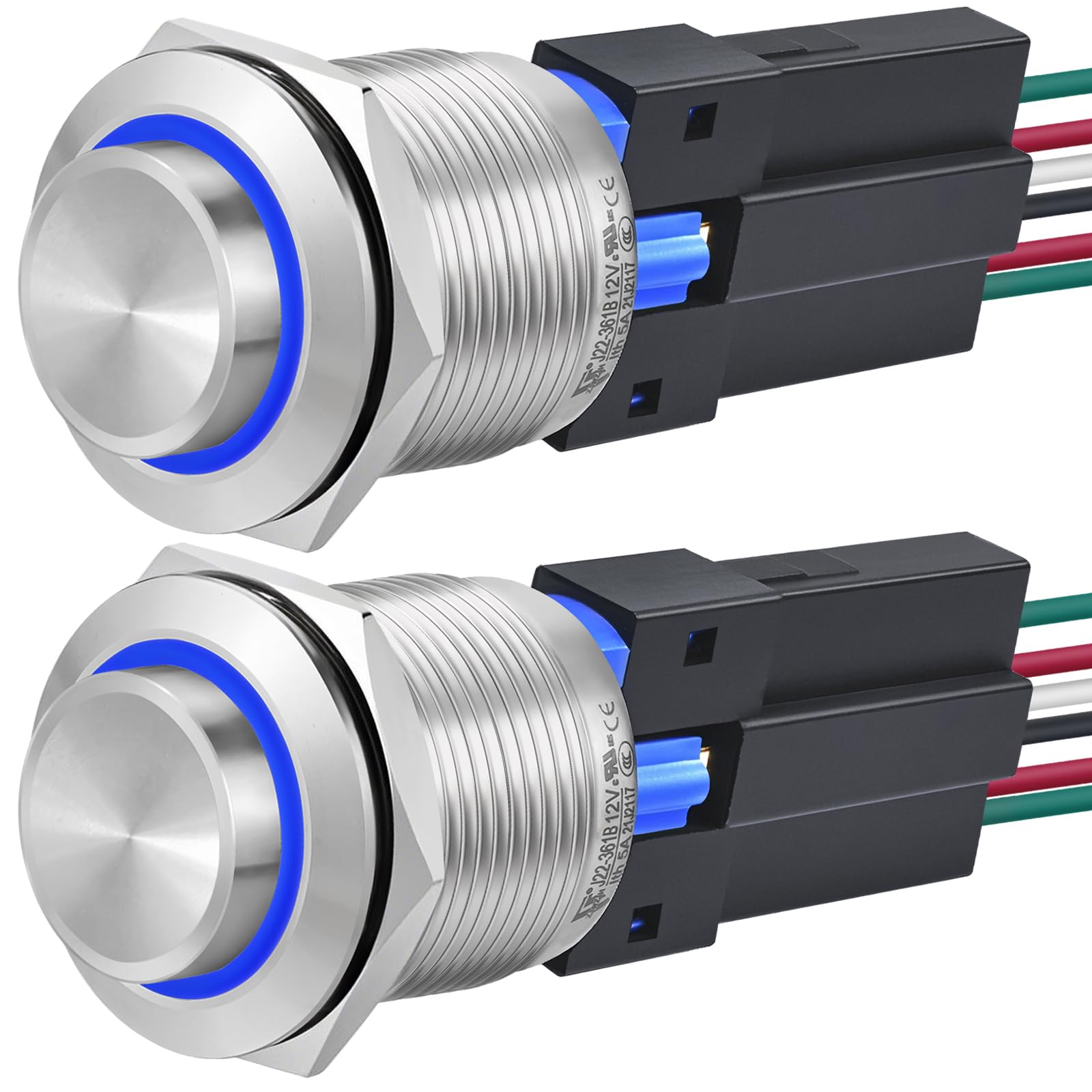 Photo 1 of (2 Pcs) UL Listed 22mm Push Button Switch Latching 12V DC High Round Waterproof IP67 On Off Stainless Steel with LED Light for 7/8" with Wire (Blue, Latching,12V)