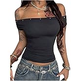SOLY HUX Women's Off The Shoulder T Shirt Y2k Studded Short Sleeve Tee Summer Going Out Tops Streetwear