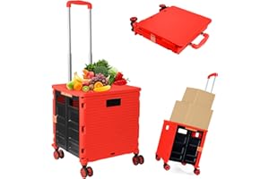 ZIYOU LANG Foldable Utility Cart Folding Portable Rolling Crate Handcart Shopping Trolley Wheel Box with Lid Wear-Resistant Noiseless 360°Rotate Wheel for Travel Shopping Moving Storage Office Use (Red)