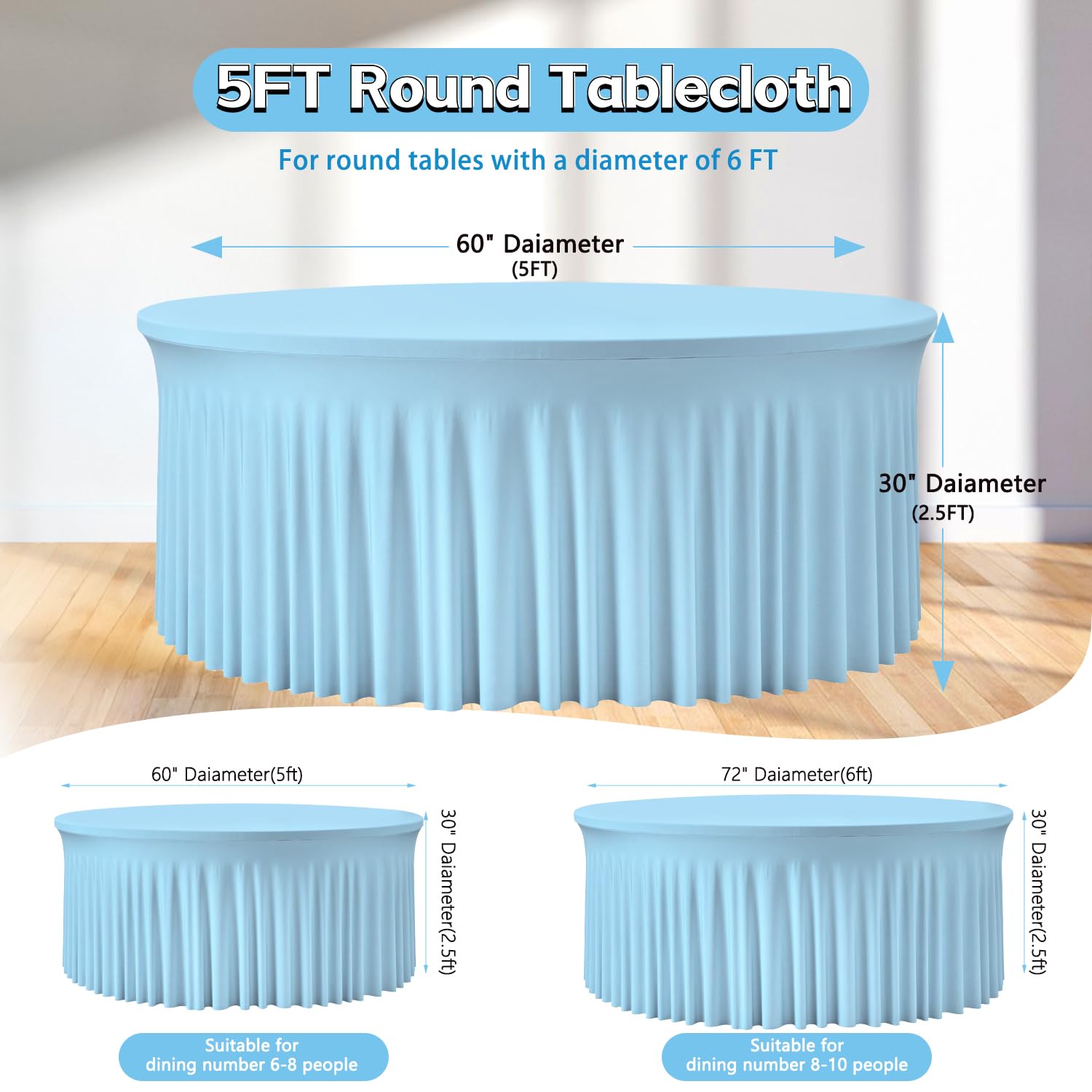 4 Pack 120 Inch Sky Blue Cloth Tablecloth for 5 FT Round Tables, Stretchy Fitted Circle Picnic Tables Cloths, Spandex Table Cover with Table Skirt for Wedding Photography Party Events Kids’ Birthday