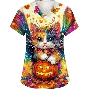 Halloween Scrub Tops Women Tshirt Short Sleeve V Neck Print Scrubs Nursing Shirts with Pocket