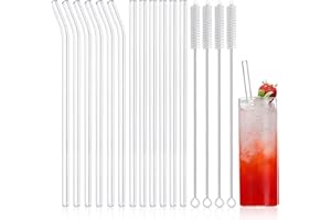 NETANY 16-Pack Reusable Glass Straws, Clear Glass Drinking Straw, 10''x10 MM, Set of 6 Straight and 6 Bent with 4 Cleaning Brushes - Perfect for 16 oz Glass Cups, Milkshakes, Juice - Dishwasher Safe