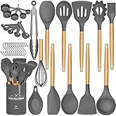 Umite Chef Kitchen Cooking Utensils Set, 33 pcs Non-stick Silicone Spatula Set with Holder, Woodle Handle Heat Resistant Gadgets Utensil (Gray)