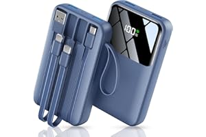 HELLEE Portable Charger with Built in Cable, 15000mAh Power Bank, 22.5W Fast Charging, 6 Outputs, Slim Travel Essential Battery Pack with LED Display, Compatible with iPhone 16/15/14/13, Samsung, iPad Blue