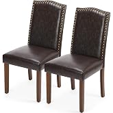 DUMOS Dining Chairs Set of 2, PU Leather Kitchen Chair, Brown | Wood Legs, Padded Seat, High Back, Armless, Restaurant, Nailhead Trim, Modern Kitchen Side, Living Room