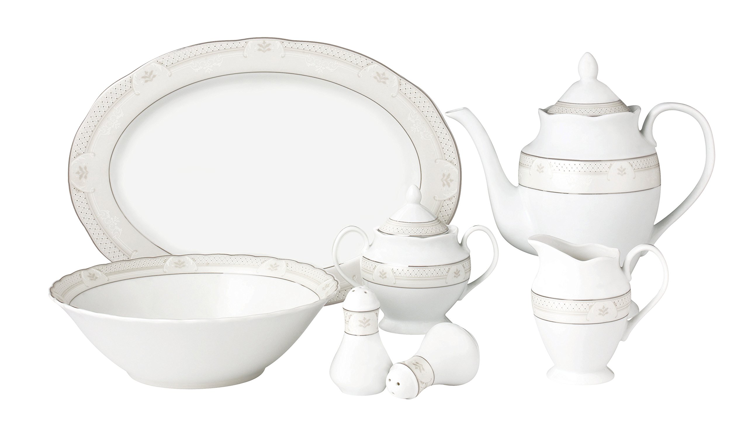 Lorren Home Trends 57 Piece Wavy Porcelain Atara Collection Dinnerware Set, Silver