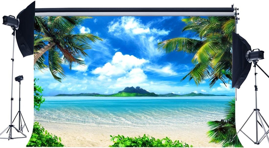 Haosphoto 7X5FT Tropical Beach Backdrop Island Coconut Palm Blue Sky White Cloud Nature Summer Journey Ocean Sailing Vinyl Photography Background Kids Adults Wedding Photo Studio Props RM112