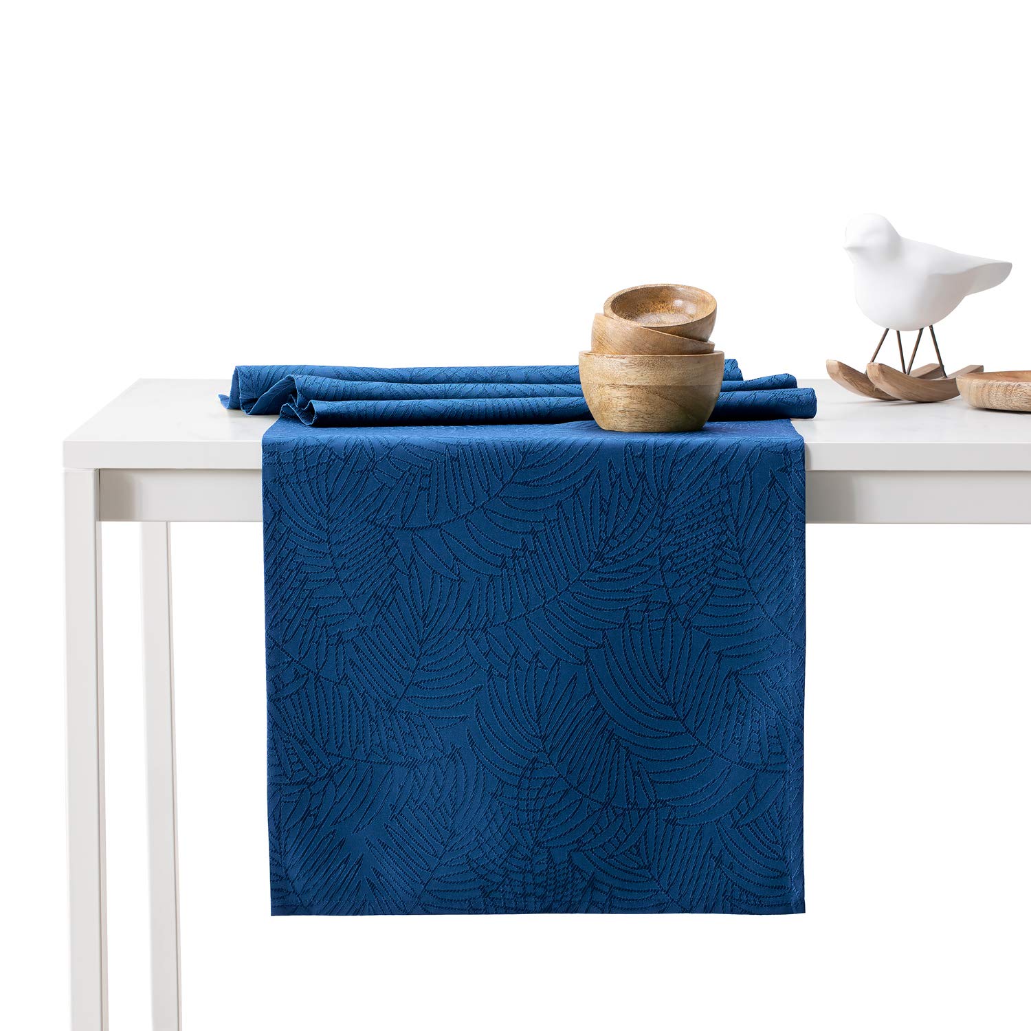 AmeliaHome Gaia Table Runner 30 x 80 cm Lotus Effect Water-Repellent Leaves Dark Blue