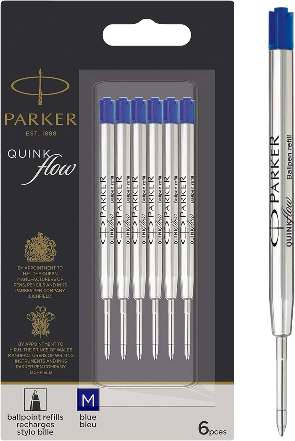 Parker Ballpoint Pen Refills Medium Blue QUINKflow Ink 6 Count