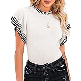 Saodimallsu Womens Short Sleeve Sweaters Tops Summer Ruffle Striped Loose Crew Neck Lightweight Soft Shirts Knit Sweater