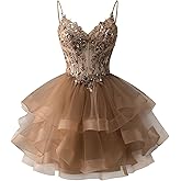 Zeeyecie Tiered Tulle Homecoming Dresses Sparkly Lace Applique Beaded Short Prom Dress for Teens Quinceanera DAMA Dress
