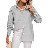 Feiersi Women's Button Down Shirts Long Sleeve Smocked Cuffed Striped Work Blouses Tops with Pocket Shirred