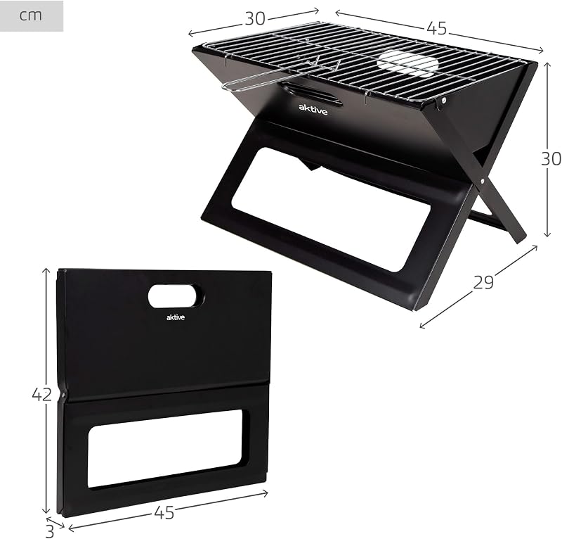 63033 - Barbacoa Portátil y Plegable a carbón de acero Negra y rectangular, Con asa de transporte, Medidas 45x29x30cm, Fácil de montar y transportar, parrilla camping, terraza, balcón