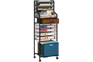 SWTYMIKI 10-Tier Rolling File Cart - Mesh Paper Organizer with Drawer & Hanging File Folders on Lockable Wheels, Rolling File Cabinet for Office Organization, Storage in Home, Studio, School, Espresso