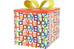 BIOBROWN Medium Birthday Gift Boxes with Lids for Presents, 9x9x9 Inches Text Design Collapsible Gift Box for Birthday, Baby Shower, Party