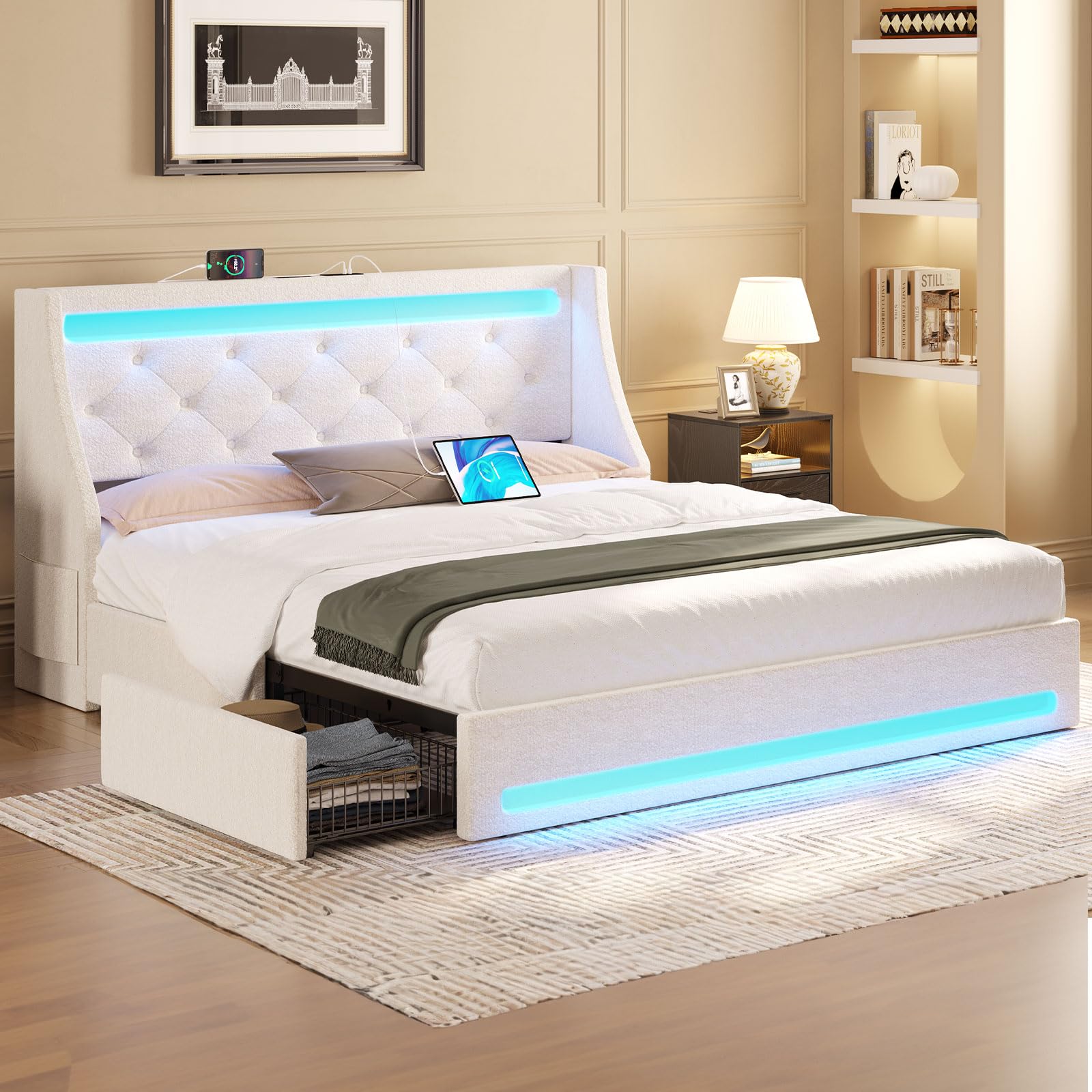 Rolanstar Full Bed Frame with LED Lights and Charging Station, Upholstered Bed with Drawers, Wooden Slats, Noise Free, Easy Assembly, Beige Image