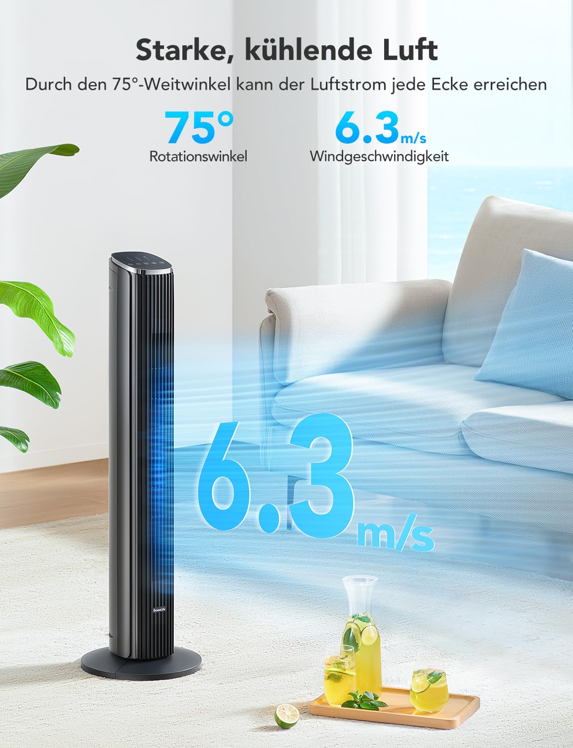 GoveeLife Intelligente leiser Turmventilator, 75° Oszillierende Ventilatoren mit App- und Sprachfernbedienung, 6.3m/s Geschwindigkeit 8 Geschwindigstufen 5 Modi 24 Std-Timer, mit Kühlung 3