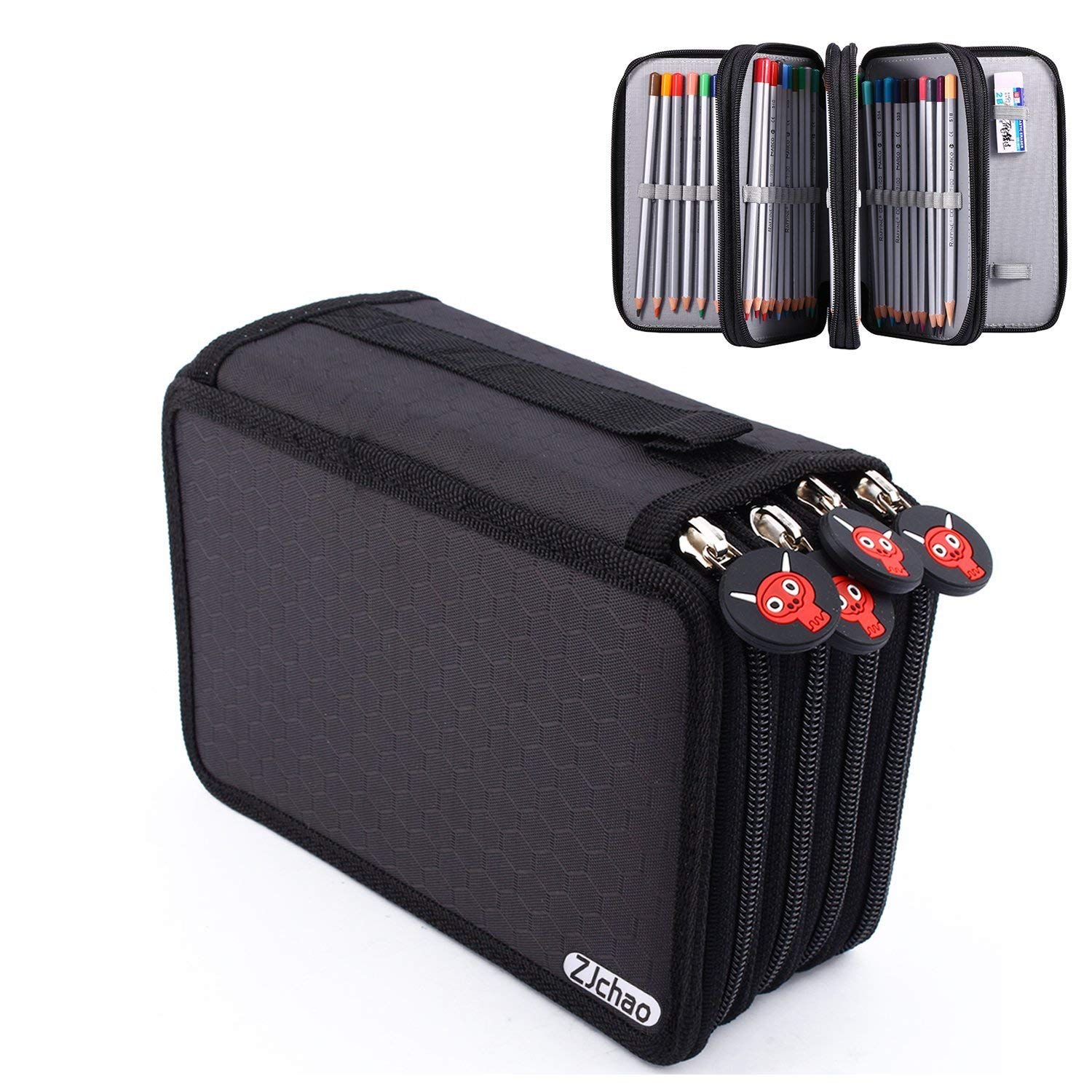 Large Pencil Case, 72 Count Slot Colored Pencil Carry Case Bag Large Capacity Oxford Multi-layer Pencil Organizer with Cute Zipper (Black)