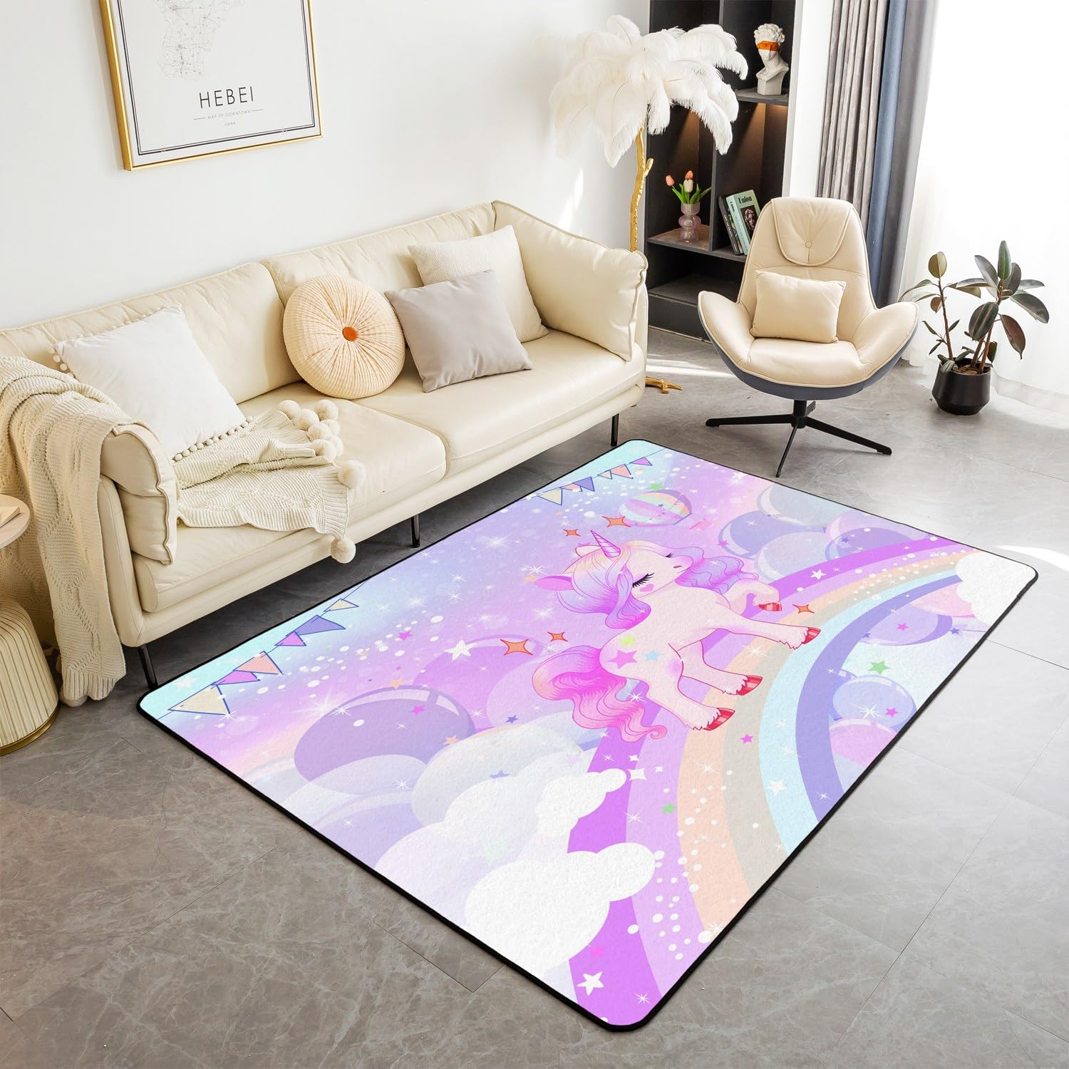 Loussiesd Unicorn Area Rug 100x150cm Kids Magical Unicorn Decorative Carpet Set for Boys Girls Teens Dreamy Horse Animal Living Room Rugs Rainbow Indoor Floor Mat Room Decor Colorful Accent Rug