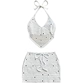 MakeMeChic Women's Summer 2 Piece Sets Sequin Halter Crop Tops Mini Skirt Vacation Set