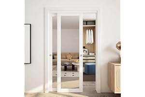 JUBEST 48" x 80" Mirror Closet Door, Preassembled One Side Mirror Door with Hardware Kit & Matching Fascia, Solid Wood Frame with Water-Proof PVC Surface, Easy to Install, White