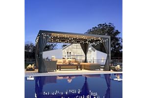 MELLCOM Louvered Pergola 10x12, Aluminum Pergola with Adjustable Louvered Roof, Outdoor Gazebo with Waterproof Curtains and Nets, Gray