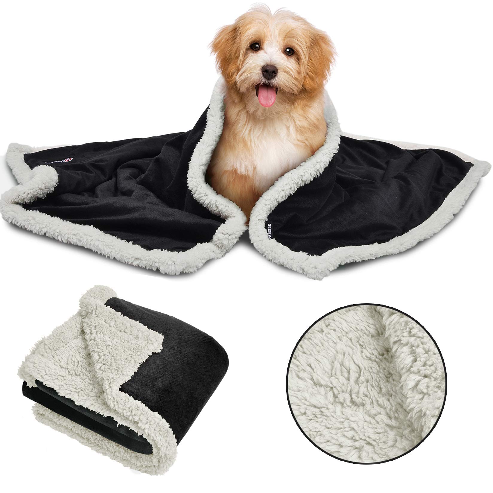 Pawsee Puppy Fleece Blankets, Washable Sherpa Fluffy Cosy Warm Plush Pet Blankets for Small Dog Cat Kitten Double Thickness Throws 114 x 76 cm Black