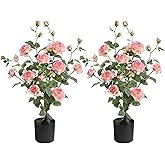 momoplant Artificial Rose Plant 25 Inch Tall Fake Silk Rose Flower Set of 2 Faux Trees with Potted for Living Room Table Kitchen Office Decor (Pink)