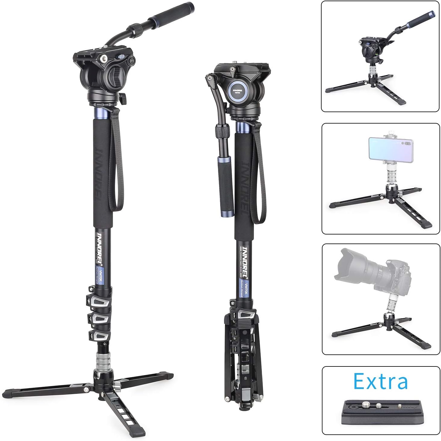 INNOREL Video Professional Aluminium Fluid Head Monopod Kit with Removable Tripod Base for DSLR Telescopic Camera Camcorder Plus 1 Extra Sliding Plate