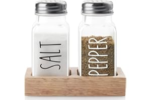 Glass Salt and Pepper Shakers with Holder - Dopeca Clear Salt and Pepper Set with Wood Caddy for Kitchen Counter or Table - Kitchen Decor and Accessories for Wedding Gifts - Easy Refilling-2.7 oz